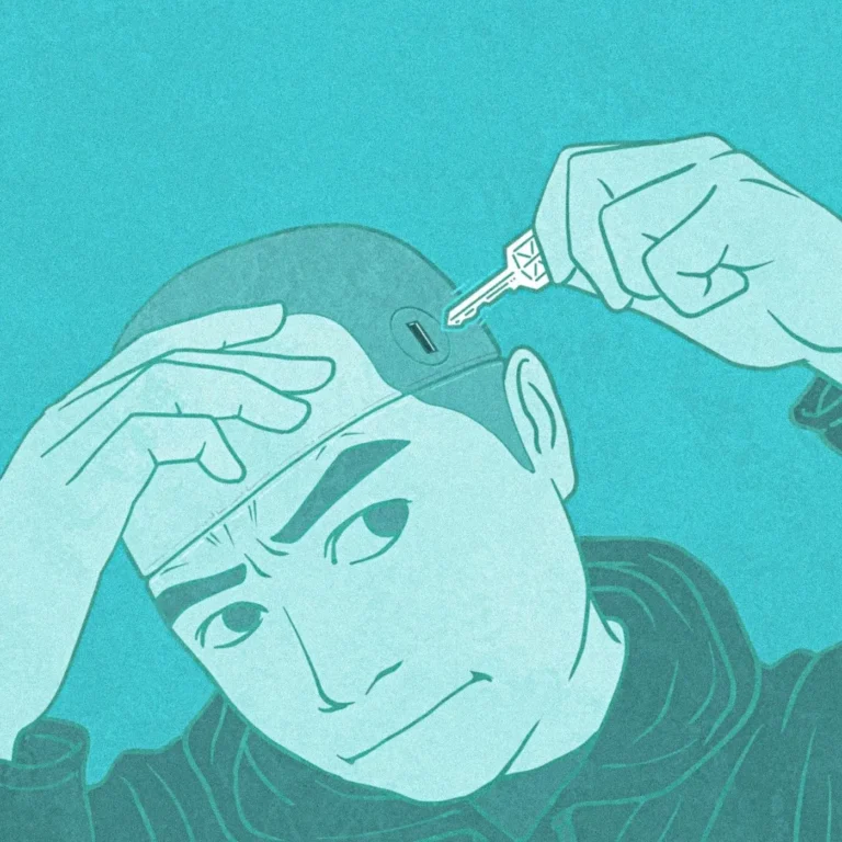 A drawing of a man about to insert a key into a keyhole on the side of his head.