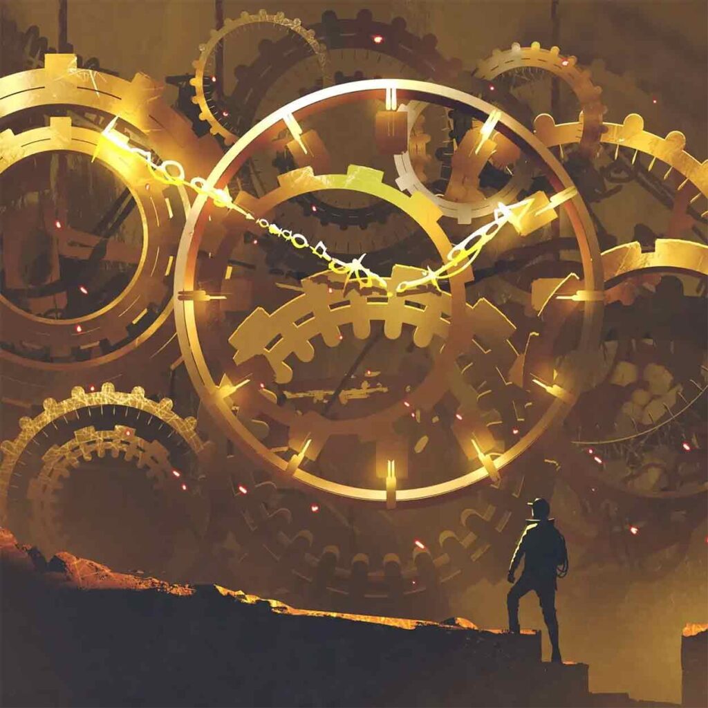Man looking up at a night sky full of large gold or brass gears and a huge clock face. The Machine we Live in.