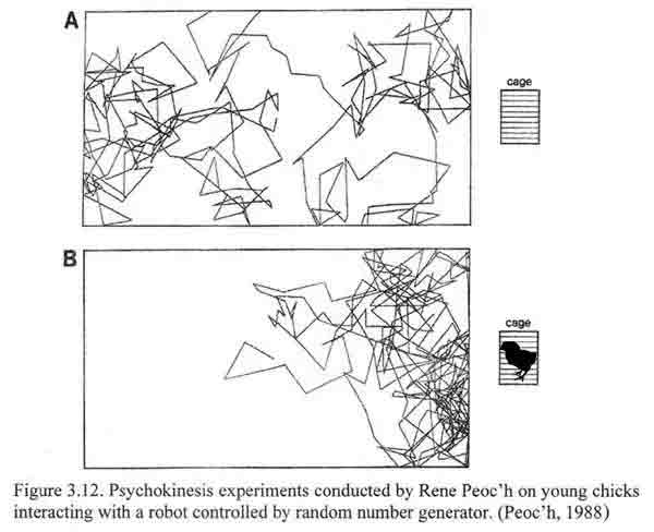 Two charts. On with no chick in the cage showing the Tychoscope's random patterns. The other image of when there is an imprinted chick in the cage, the Tychoscope spent far more time in front of the chick's cage.