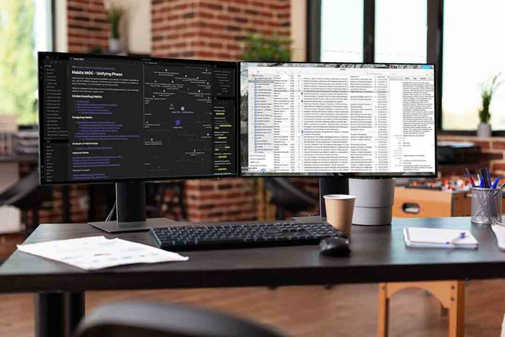 Dual monitor desktop showing the Blogging Research Tools Obsidian and Zotero