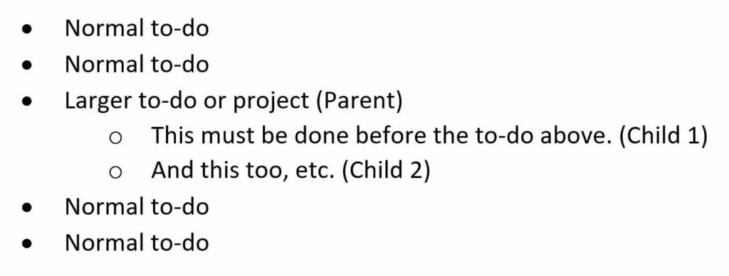 • Normal to-do • Normal to-do • Larger to-do or project (Parent) o This must be done before the to-do above. (Child 1) o And this too, etc. (Child 2) • Normal to-do • Normal to-do